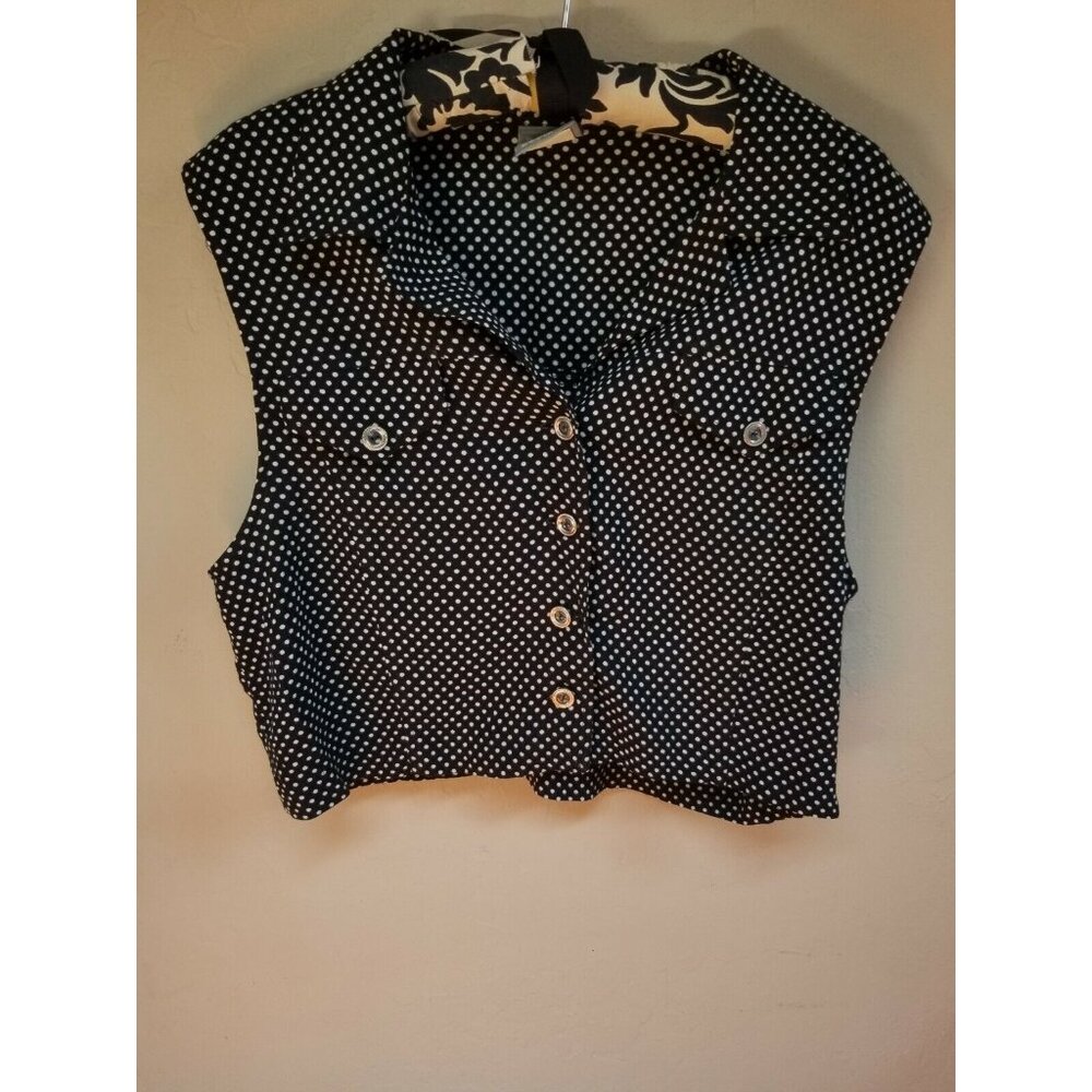 Rabbit Designs Petite Womens Cropped Top Size 4P Button-Down Polka Dots Black